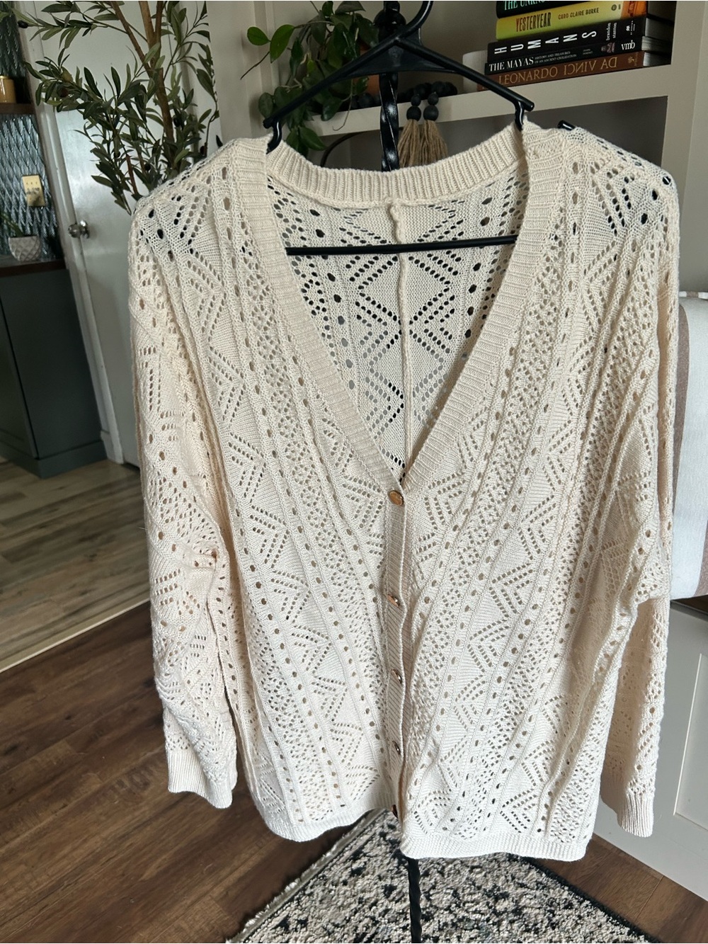 Cream Openwork V-Neck Button Cardigan Sweater